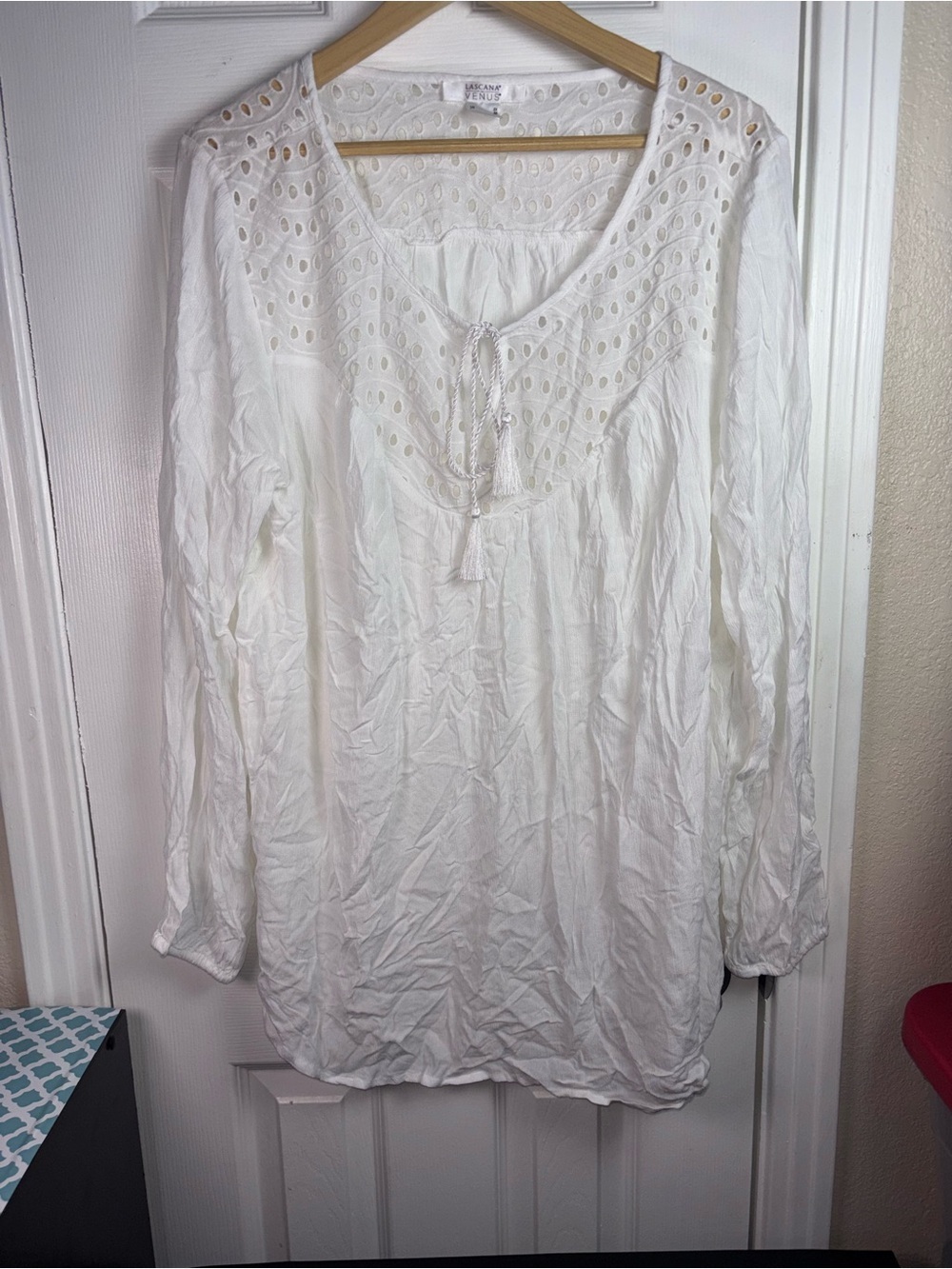Lascana White Eyelet Peasant Tunic with Tassel Tie NWOT 2X - Picture 2 of 11